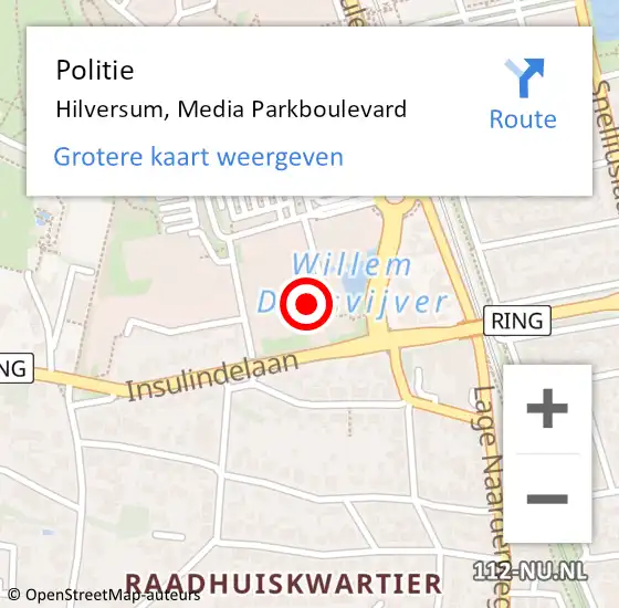 Locatie op kaart van de 112 melding: Politie Hilversum, Media Parkboulevard op 27 juni 2023 11:14