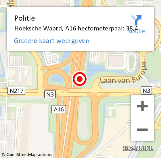 Locatie op kaart van de 112 melding: Politie Hoeksche Waard, A16 hectometerpaal: 38,4 op 27 juni 2023 11:31