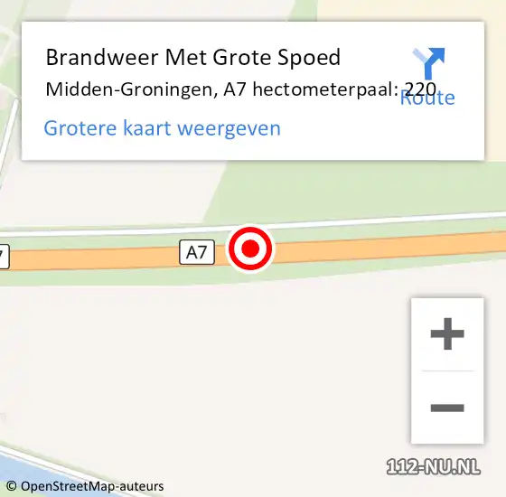 Locatie op kaart van de 112 melding: Brandweer Met Grote Spoed Naar Midden-Groningen, A7 hectometerpaal: 220 op 27 juni 2023 13:08