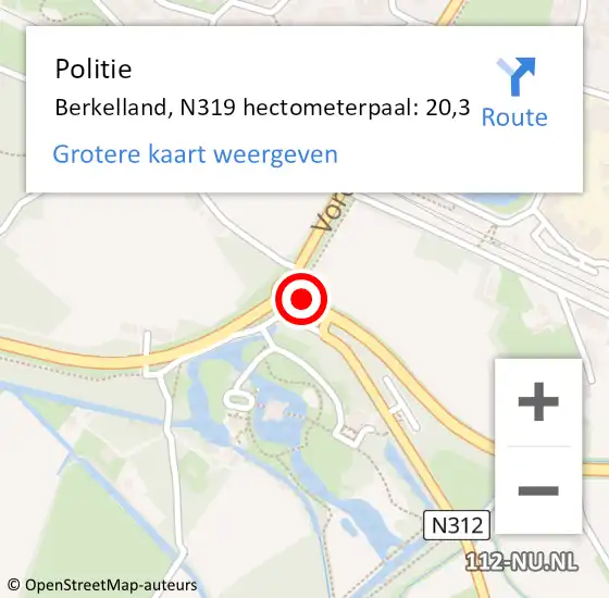 Locatie op kaart van de 112 melding: Politie Berkelland, N319 hectometerpaal: 20,3 op 27 juni 2023 14:37