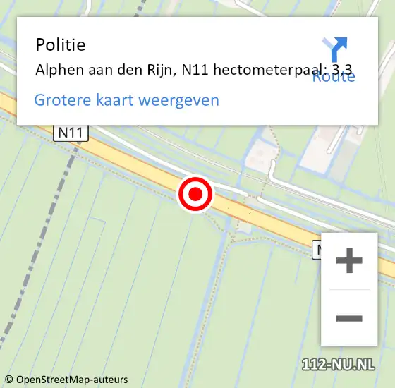 Locatie op kaart van de 112 melding: Politie Alphen aan den Rijn, N11 hectometerpaal: 3,3 op 27 juni 2023 15:21