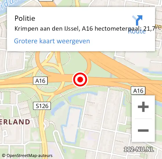 Locatie op kaart van de 112 melding: Politie Krimpen aan den IJssel, A16 hectometerpaal: 21,7 op 27 juni 2023 16:10