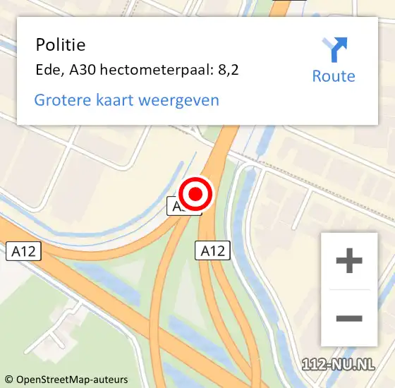 Locatie op kaart van de 112 melding: Politie Ede, A30 hectometerpaal: 8,2 op 27 juni 2023 16:13