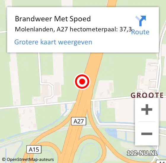 Locatie op kaart van de 112 melding: Brandweer Met Spoed Naar Molenlanden, A27 hectometerpaal: 37,3 op 27 juni 2023 16:22