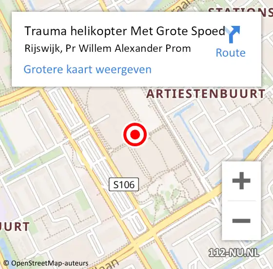 Locatie op kaart van de 112 melding: Trauma helikopter Met Grote Spoed Naar Rijswijk, Pr Willem Alexander Prom op 27 juni 2023 16:28