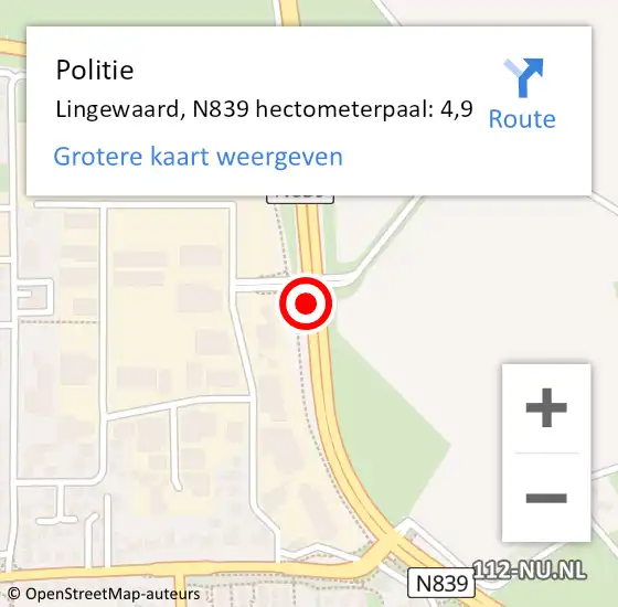 Locatie op kaart van de 112 melding: Politie Lingewaard, N839 hectometerpaal: 4,9 op 27 juni 2023 17:18