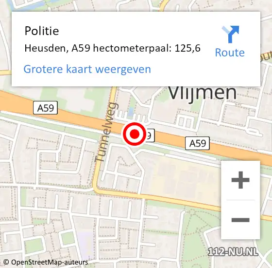 Locatie op kaart van de 112 melding: Politie Heusden, A59 hectometerpaal: 125,6 op 27 juni 2023 17:23