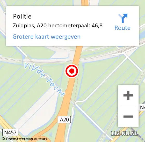 Locatie op kaart van de 112 melding: Politie Zuidplas, A20 hectometerpaal: 46,8 op 27 juni 2023 19:17