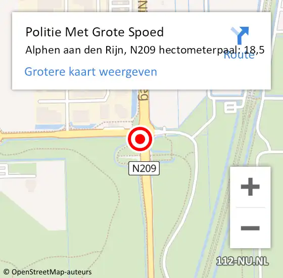 Locatie op kaart van de 112 melding: Politie Met Grote Spoed Naar Alphen aan den Rijn, N209 hectometerpaal: 18,5 op 27 juni 2023 19:28