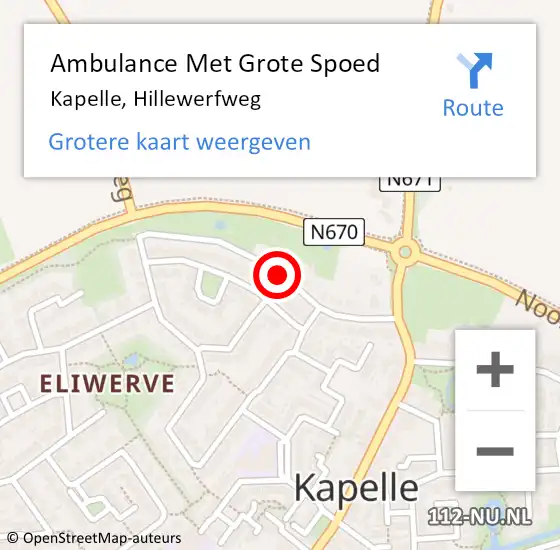 Locatie op kaart van de 112 melding: Ambulance Met Grote Spoed Naar Kapelle, Hillewerfweg op 30 augustus 2014 16:37