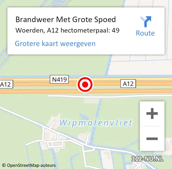 Locatie op kaart van de 112 melding: Brandweer Met Grote Spoed Naar Woerden, A12 hectometerpaal: 49 op 28 juni 2023 00:17