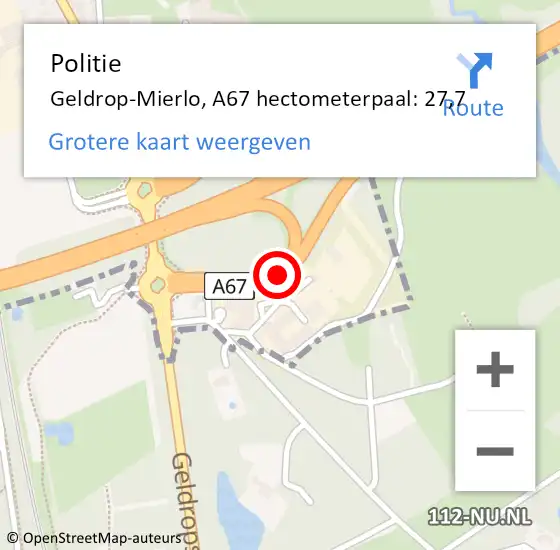 Locatie op kaart van de 112 melding: Politie Geldrop-Mierlo, A67 hectometerpaal: 27,7 op 28 juni 2023 13:35
