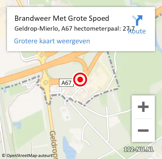 Locatie op kaart van de 112 melding: Brandweer Met Grote Spoed Naar Geldrop-Mierlo, A67 hectometerpaal: 27,7 op 28 juni 2023 13:36