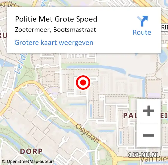 Locatie op kaart van de 112 melding: Politie Met Grote Spoed Naar Zoetermeer, Bootsmastraat op 28 juni 2023 14:29