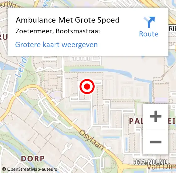 Locatie op kaart van de 112 melding: Ambulance Met Grote Spoed Naar Zoetermeer, Bootsmastraat op 28 juni 2023 14:30