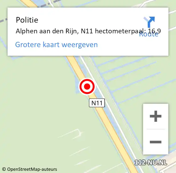 Locatie op kaart van de 112 melding: Politie Alphen aan den Rijn, N11 hectometerpaal: 16,9 op 28 juni 2023 14:31