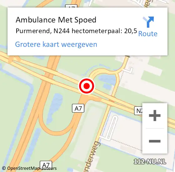 Locatie op kaart van de 112 melding: Ambulance Met Spoed Naar Purmerend, N244 hectometerpaal: 20,5 op 28 juni 2023 15:00