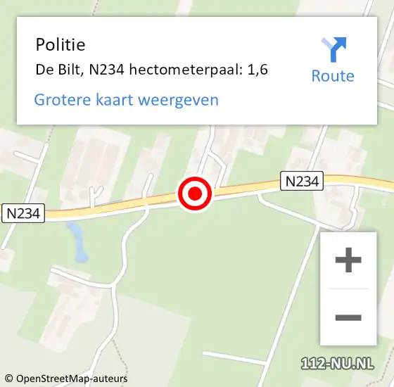 Locatie op kaart van de 112 melding: Politie De Bilt, N234 hectometerpaal: 1,6 op 28 juni 2023 15:18