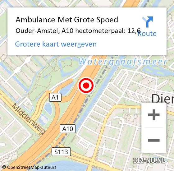 Locatie op kaart van de 112 melding: Ambulance Met Grote Spoed Naar Ouder-Amstel, A10 hectometerpaal: 12,6 op 28 juni 2023 15:31