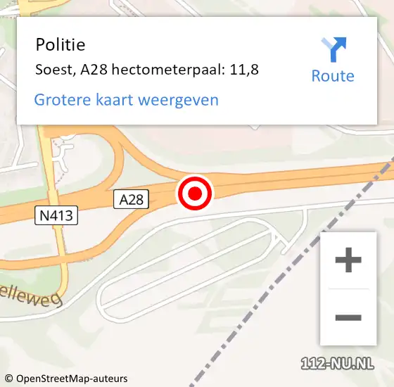 Locatie op kaart van de 112 melding: Politie Soest, A28 hectometerpaal: 11,8 op 28 juni 2023 15:51