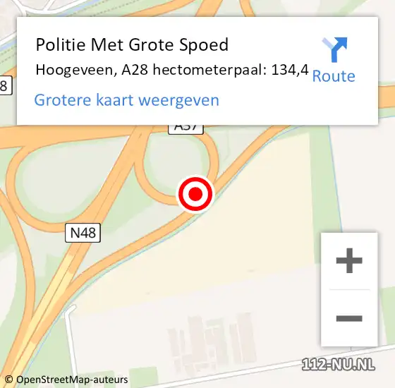 Locatie op kaart van de 112 melding: Politie Met Grote Spoed Naar Hoogeveen, A28 hectometerpaal: 134,4 op 28 juni 2023 16:12