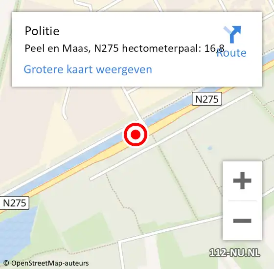 Locatie op kaart van de 112 melding: Politie Peel en Maas, N275 hectometerpaal: 16,8 op 28 juni 2023 16:34