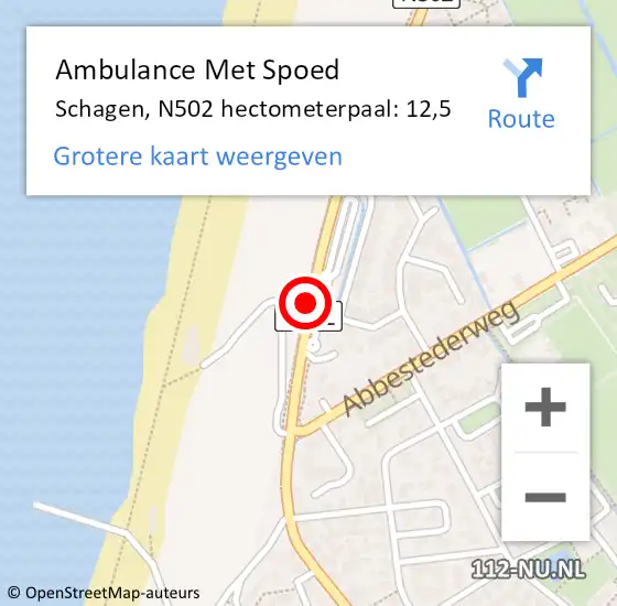 Locatie op kaart van de 112 melding: Ambulance Met Spoed Naar Schagen, N502 hectometerpaal: 12,5 op 28 juni 2023 16:42