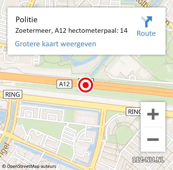 Locatie op kaart van de 112 melding: Politie Zoetermeer, A12 hectometerpaal: 14 op 28 juni 2023 16:47