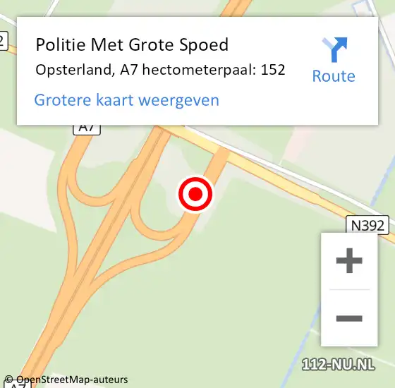 Locatie op kaart van de 112 melding: Politie Met Grote Spoed Naar Opsterland, A7 hectometerpaal: 152 op 28 juni 2023 17:15