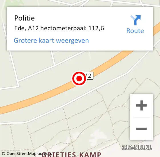 Locatie op kaart van de 112 melding: Politie Ede, A12 hectometerpaal: 112,6 op 28 juni 2023 17:16