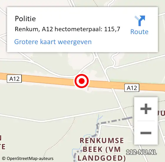 Locatie op kaart van de 112 melding: Politie Renkum, A12 hectometerpaal: 115,7 op 28 juni 2023 17:16