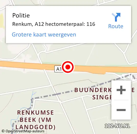 Locatie op kaart van de 112 melding: Politie Renkum, A12 hectometerpaal: 116 op 28 juni 2023 17:17