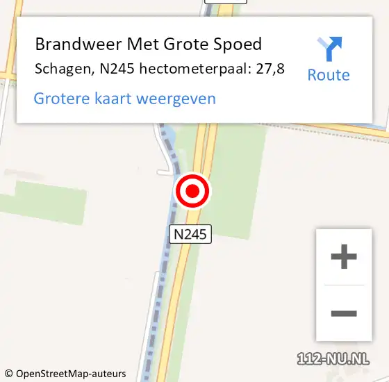 Locatie op kaart van de 112 melding: Brandweer Met Grote Spoed Naar Schagen, N245 hectometerpaal: 27,8 op 28 juni 2023 17:29