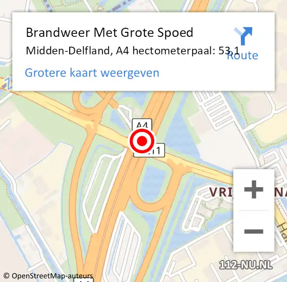 Locatie op kaart van de 112 melding: Brandweer Met Grote Spoed Naar Midden-Delfland, A4 hectometerpaal: 53,1 op 28 juni 2023 21:43