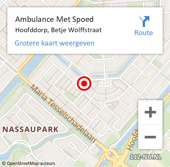 Locatie op kaart van de 112 melding: Ambulance Met Spoed Naar Hoofddorp, Betje Wolffstraat op 28 juni 2023 22:13