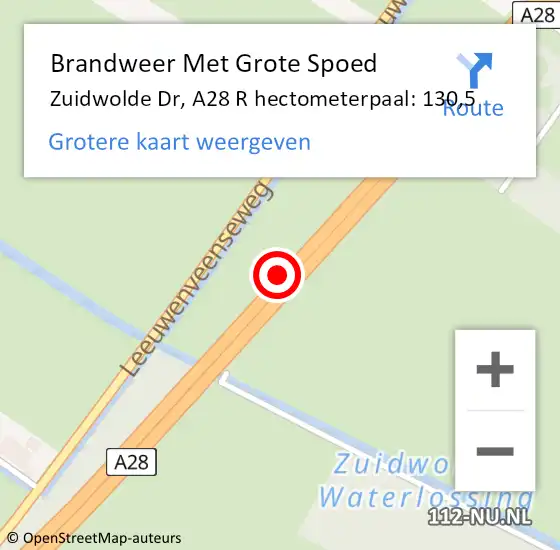 Locatie op kaart van de 112 melding: Brandweer Met Grote Spoed Naar Zuidwolde Dr, A28 L hectometerpaal: 129,1 op 30 augustus 2014 19:11