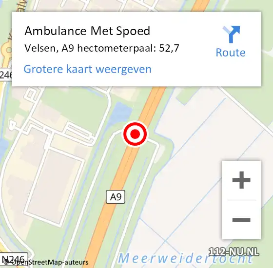 Locatie op kaart van de 112 melding: Ambulance Met Spoed Naar Velsen, A9 hectometerpaal: 52,7 op 29 juni 2023 06:35