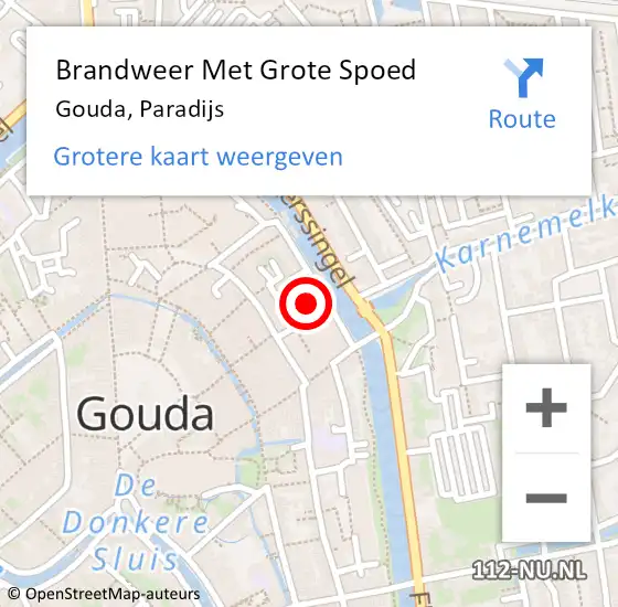 Locatie op kaart van de 112 melding: Brandweer Met Grote Spoed Naar Gouda, Paradijs op 29 juni 2023 09:16