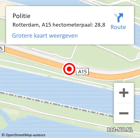 Locatie op kaart van de 112 melding: Politie Rotterdam, A15 hectometerpaal: 28,8 op 29 juni 2023 12:02