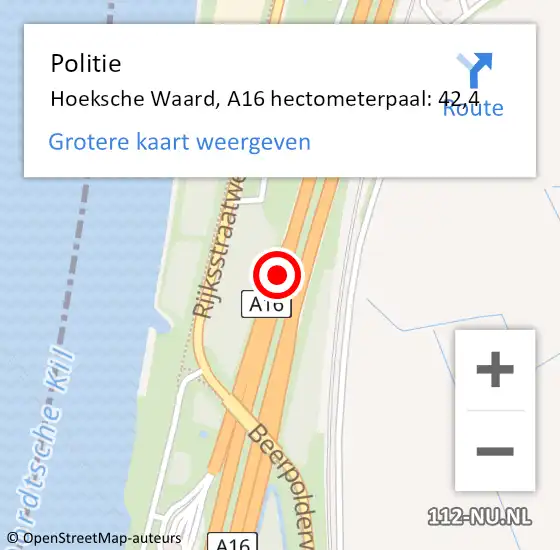 Locatie op kaart van de 112 melding: Politie Hoeksche Waard, A16 hectometerpaal: 42,4 op 29 juni 2023 12:14