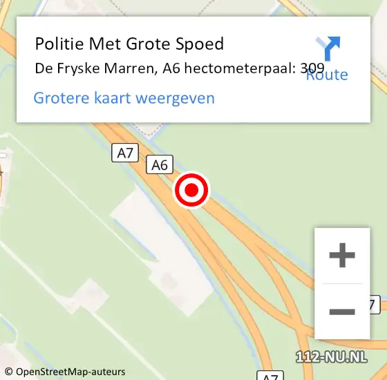 Locatie op kaart van de 112 melding: Politie Met Grote Spoed Naar De Fryske Marren, A6 hectometerpaal: 309 op 29 juni 2023 12:50