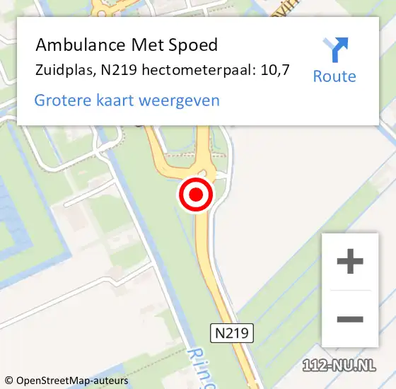 Locatie op kaart van de 112 melding: Ambulance Met Spoed Naar Zuidplas, N219 hectometerpaal: 10,7 op 29 juni 2023 13:24