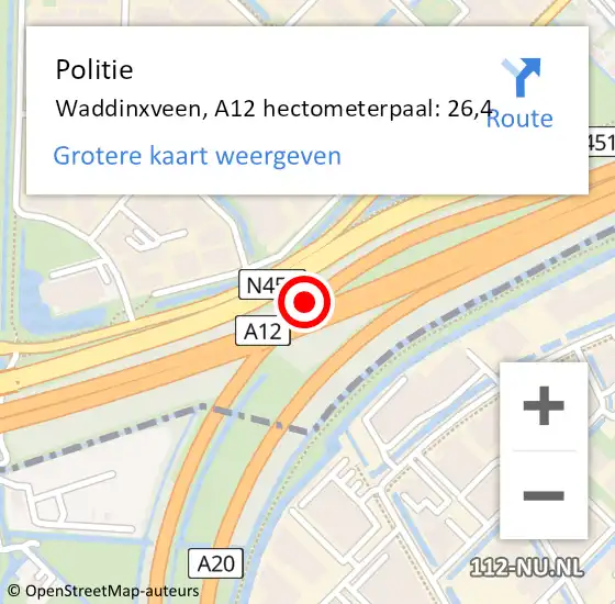 Locatie op kaart van de 112 melding: Politie Waddinxveen, A12 hectometerpaal: 26,4 op 29 juni 2023 14:05