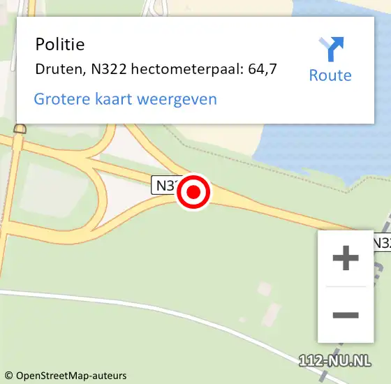 Locatie op kaart van de 112 melding: Politie Druten, N322 hectometerpaal: 64,7 op 29 juni 2023 14:53