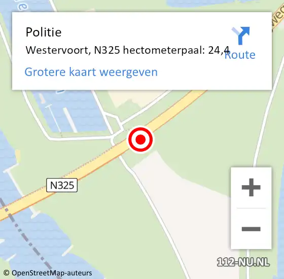 Locatie op kaart van de 112 melding: Politie Westervoort, N325 hectometerpaal: 24,4 op 29 juni 2023 15:17