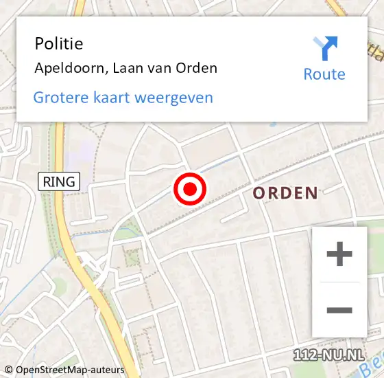 Locatie op kaart van de 112 melding: Politie Apeldoorn, Laan van Orden op 29 juni 2023 15:25