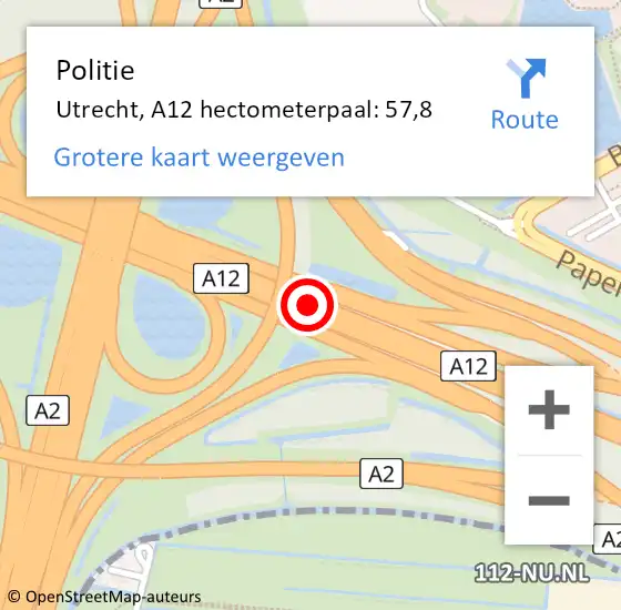 Locatie op kaart van de 112 melding: Politie Utrecht, A12 hectometerpaal: 57,8 op 29 juni 2023 15:37