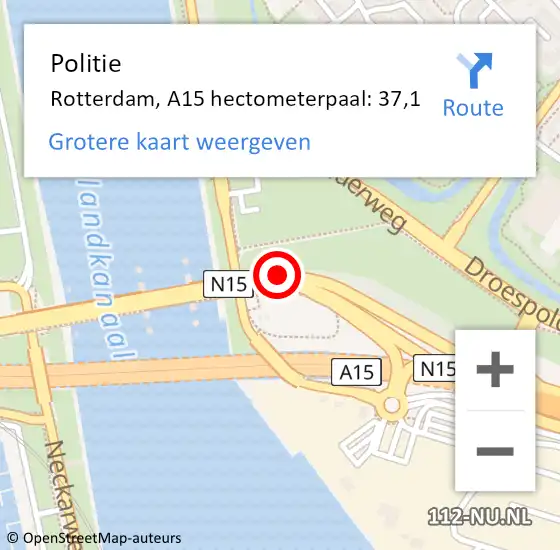 Locatie op kaart van de 112 melding: Politie Rotterdam, A15 hectometerpaal: 37,1 op 29 juni 2023 16:01