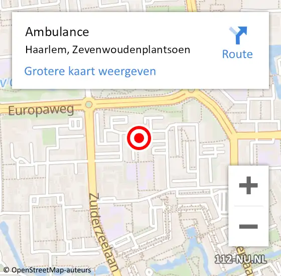Locatie op kaart van de 112 melding: Ambulance Haarlem, Zevenwoudenplantsoen op 29 juni 2023 16:41