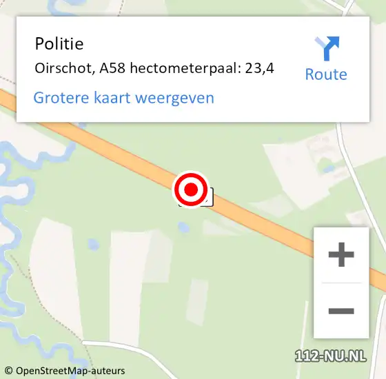 Locatie op kaart van de 112 melding: Politie Oirschot, A58 hectometerpaal: 23,4 op 29 juni 2023 18:35